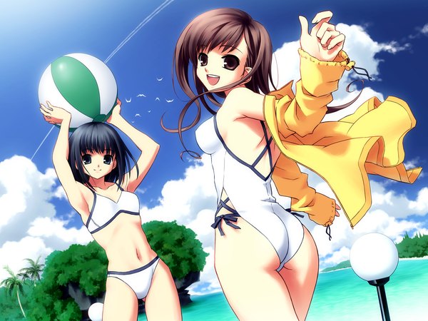 Anime picture 3200x2400 with maria-sama ga miteru studio deen toudou shimako nijou noriko madamu nyuudou highres light erotic black hair brown hair multiple girls brown eyes grey eyes beach summer girl 2 girls swimsuit bikini one-piece swimsuit white bikini