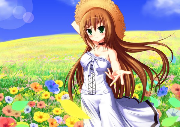 Anime picture 4092x2893 with nyarumi long hair blush highres brown hair green eyes absurdres outstretched arm field girl flower (flowers) hat collar sundress straw hat