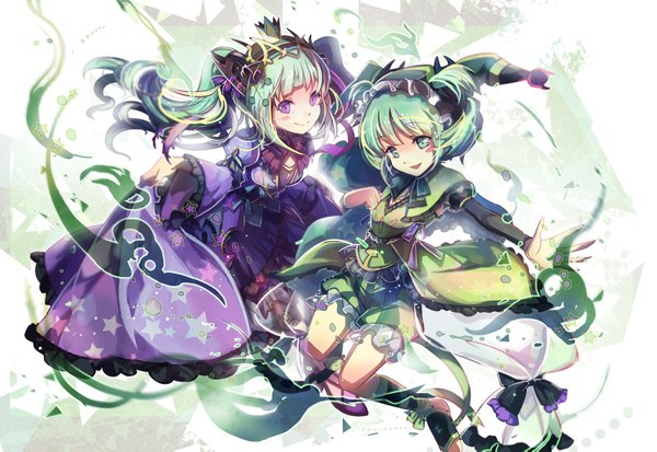 Anime picture 1713x1181 with puzzle & dragons astaroth (p&d) shadowsinking long hair looking at viewer blush fringe highres short hair smile purple eyes twintails multiple girls green eyes green hair wide sleeves happy glow girl dress