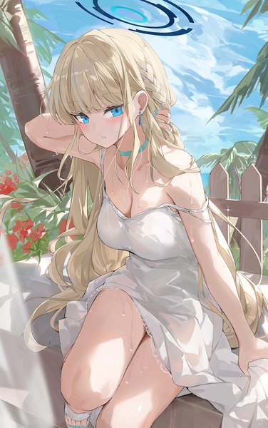 Anime picture 967x1542 with blue archive toki (blue archive) dema hmw single tall image looking at viewer fringe breasts blue eyes light erotic blonde hair sitting sky cleavage cloud (clouds) outdoors blunt bangs very long hair nail polish sweat