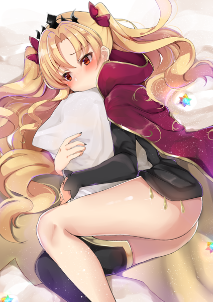 Anime picture 868x1228 with fate (series) fate/grand order toosaka rin ereshkigal (fate) ashino single long hair tall image blush fringe light erotic blonde hair red eyes looking away ass lying nail polish two side up thighs on side