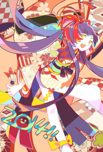 Anime picture 1181x1748 with original shionty single long hair tall image fringe open mouth yellow eyes looking away purple hair ponytail traditional clothes japanese clothes fang (fangs) new year 2014 girl weapon kimono hagoita