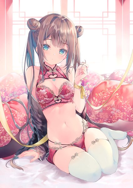 Anime picture 2093x2952 with original miwabe sakura single long hair tall image looking at viewer blush fringe highres breasts blue eyes light erotic brown hair sitting bare shoulders cleavage multicolored hair scan off shoulder arm support
