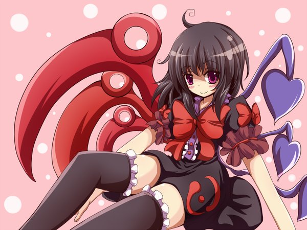 Anime picture 1700x1275 with touhou houjuu nue black hair ahoge pink eyes girl thighhighs bow