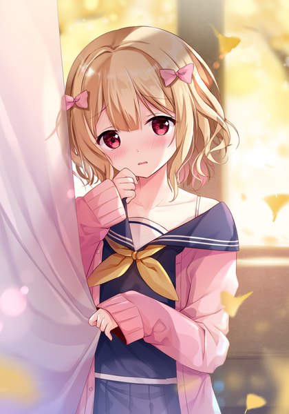 Anime-Bild 1110x1586 mit original sousouman single tall image looking at viewer blush fringe short hair open mouth blonde hair hair between eyes red eyes standing head tilt pleated skirt blurry off shoulder open clothes sleeves past wrists autumn