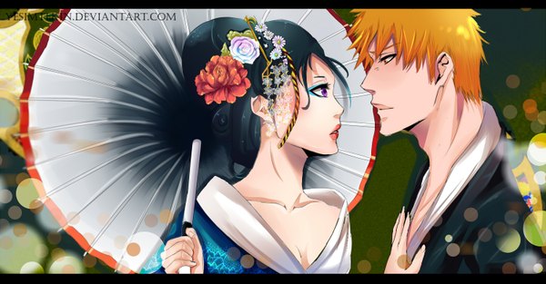 Anime picture 1500x784 with bleach studio pierrot kurosaki ichigo kuchiki rukia yesimtekin long hair short hair black hair wide image purple eyes bare shoulders holding yellow eyes cleavage traditional clothes japanese clothes hair flower orange hair lipstick letterboxed