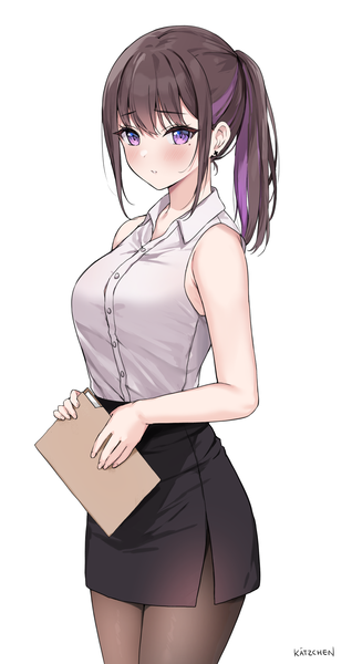 Anime picture 2533x4782 with original miyu (kaetzchen) kaetzchen single long hair tall image looking at viewer fringe highres breasts simple background brown hair standing white background purple eyes bare shoulders holding signed payot ponytail