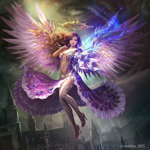 Anime picture 1000x1000 with bahamut crisis eselete eudia (serenity2200) single long hair looking at viewer fringe breasts brown hair sky cloud (clouds) full body lips sunlight realistic official art bare belly floating hair outstretched arm city