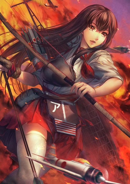 Anime picture 1133x1600 with kantai collection akagi aircraft carrier simosi single long hair tall image brown hair brown eyes looking away cloud (clouds) traditional clothes japanese clothes zettai ryouiki girl thighhighs gloves weapon white thighhighs armor fingerless gloves