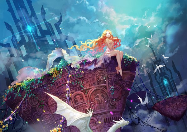 Anime picture 1700x1202 with original ask (askzy) long hair blonde hair sitting brown eyes cloud (clouds) barefoot bare legs fantasy girl dress flower (flowers) plant (plants) dragon