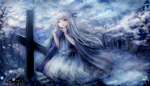 Anime picture 1100x629 with original hanchan single long hair looking at viewer red eyes wide image white hair snowing winter snow crying girl dress plant (plants) tree (trees) cape cross