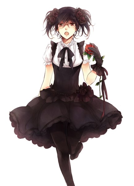 Anime picture 822x1142 with zaphylla single tall image short hair open mouth simple background white background twintails holding brown eyes hair flower walking dress gloves hair ornament flower (flowers) ribbon (ribbons) pantyhose glasses bowtie
