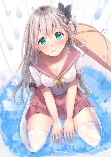 Anime picture 1200x1697 with original moe2019 user zvzu7732 single long hair tall image looking at viewer blush fringe breasts open mouth light erotic simple background hair between eyes white background sitting cleavage silver hair pleated skirt aqua eyes