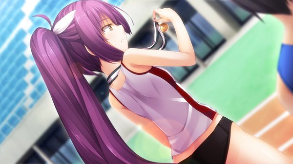 Anime picture 1280x720 with gleam garden no shoujo asahina chitose char long hair wide image yellow eyes game cg purple hair ponytail girl uniform gym uniform medal