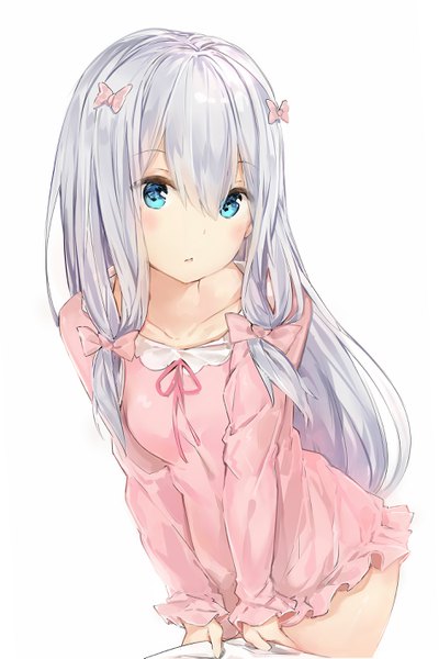 Anime picture 1900x2850 with eromanga sensei a-1 pictures izumi sagiri silver (chenwen) single long hair tall image looking at viewer blush fringe highres light erotic simple background hair between eyes white background silver hair parted lips aqua eyes arm support girl