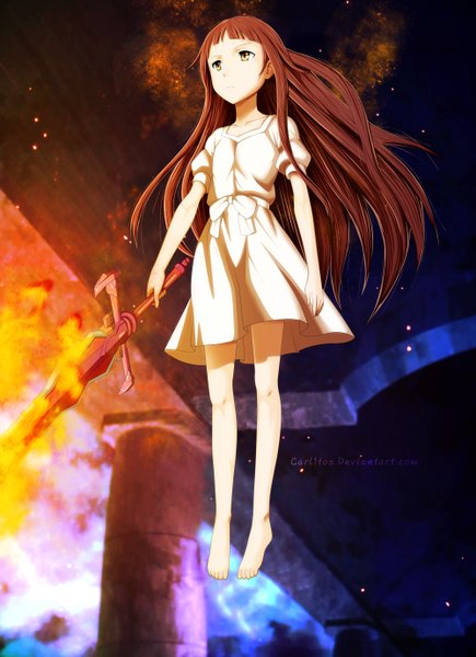 Anime picture 2000x2755 with sword art online a-1 pictures yui (sao) carl1tos single long hair tall image highres brown hair yellow eyes loli legs coloring magic flying girl dress weapon sword fire
