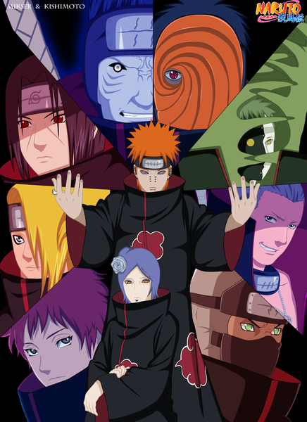 Anime picture 2989x4114 with naruto studio pierrot naruto (series) uchiha itachi uchiha obito tobi deidara sasori pain (naruto) konan hidan deva path hoshigaki kisame kakuzu zetsu gold-mk long hair tall image fringe highres