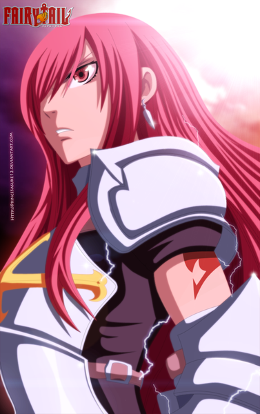 Anime picture 689x1095 with fairy tail erza scarlet akira-12 single long hair tall image fringe red eyes pink hair sky cloud (clouds) sunlight hair over one eye inscription tattoo coloring girl earrings armor
