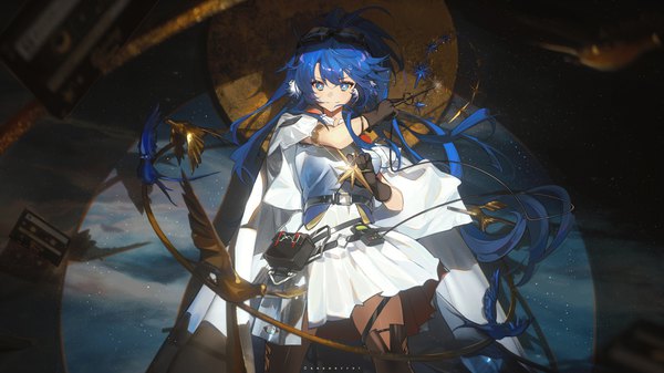 Anime picture 3000x1687 with arknights astgenne (arknights) toto (caaaaarrot) single long hair looking at viewer fringe highres blue eyes smile hair between eyes wide image standing signed blue hair ponytail goggles on head girl gloves animal