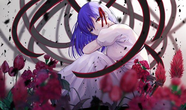 Anime picture 2048x1220 with fate (series) fate/stay night matou sakura dark sakura hirakana single long hair looking at viewer fringe highres breasts blue eyes hair between eyes red eyes wide image sitting payot blue hair head tilt blurry