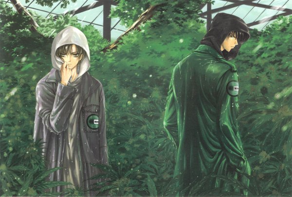 Anime picture 3327x2250 with lawful drug clamp highres short hair black hair brown hair brown eyes green eyes absurdres profile wet back rain hands in pockets nature boy plant (plants) tree (trees) hood building (buildings)