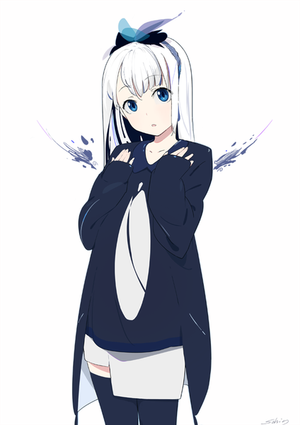 Anime picture 636x900 with original sohin single long hair tall image looking at viewer blush fringe open mouth blue eyes simple background standing white background signed payot white hair long sleeves head tilt :o zettai ryouiki