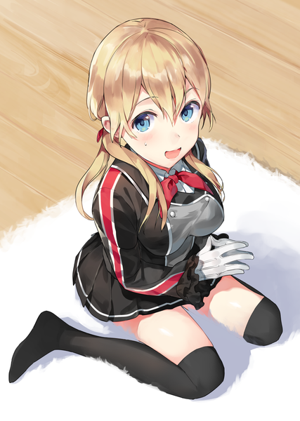 Anime picture 854x1200 with kantai collection prinz eugen (kantai collection) nanotaro single long hair tall image looking at viewer blush fringe open mouth blue eyes blonde hair hair between eyes sitting twintails full body :d from above alternate costume no shoes