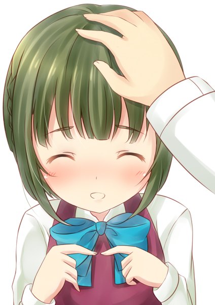 Anime picture 1240x1753 with kantai collection takanami (kantai collection) zhou yu (ppaaqz1995) tall image blush fringe short hair open mouth simple background smile white background blunt bangs eyes closed green hair ^ ^ hand on another's head bob cut fingers together alternate hair color headpat