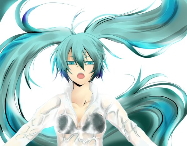 Anime picture 1200x943 with vocaloid hatsune miku long hair open mouth twintails very long hair aqua eyes green hair partially open clothes girl
