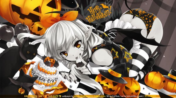 Anime picture 2560x1440 with cradle (artist) highres light erotic blonde hair wide image yellow eyes nail polish pointy ears halloween checkered floor star print polychromatic happy halloween girl thighhighs underwear panties bow hair bow animal
