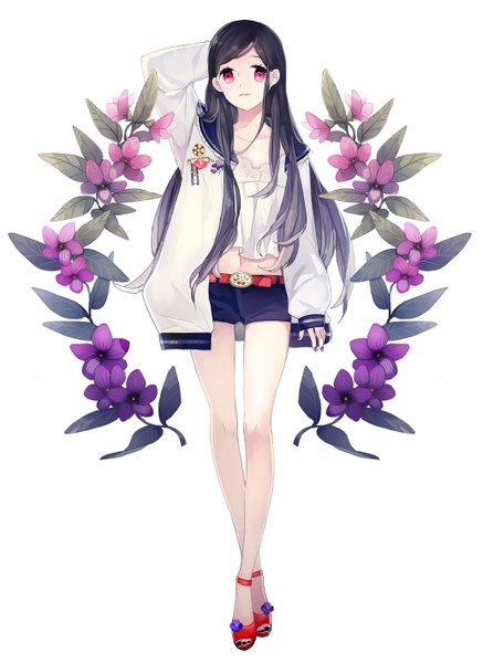 Anime picture 1035x1418 with original kyang692 single long hair tall image looking at viewer black hair simple background white background nail polish pink eyes multicolored hair grey hair gradient hair hand on head girl uniform flower (flowers) shorts short shorts
