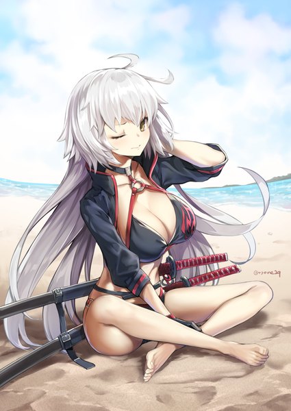 Anime picture 724x1023 with fate (series) fate/grand order jeanne d'arc (fate) (all) jeanne d'arc alter (fate) jeanne d'arc alter (swimsuit berserker) (fate) tyone single long hair tall image looking at viewer blush fringe breasts light erotic smile sitting signed yellow eyes sky cleavage
