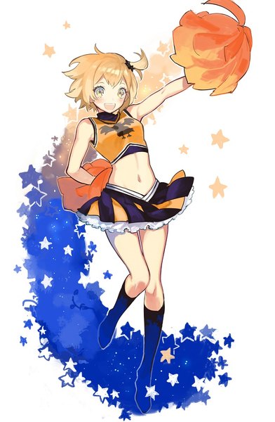 Anime picture 719x1100 with haikyuu!! production i.g hitoka yachi bunko (fumimatsu) single tall image blush short hair open mouth simple background blonde hair smile standing white background yellow eyes full body bent knee (knees) arm up bare belly midriff