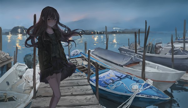 Anime picture 2000x1149 with original catzz single long hair looking at viewer blush fringe highres hair between eyes brown hair wide image standing brown eyes sky outdoors wind open jacket skirt flip jpeg artifacts girl