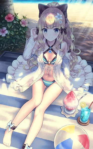 Anime picture 625x1000 with princess connect! re:dive princess connect! saren (princess connect!) yuta mukai single long hair tall image looking at viewer blush fringe breasts blue eyes light erotic blonde hair smile payot full body ahoge bent knee (knees) ponytail