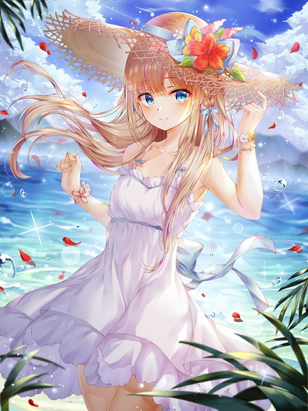 Anime picture 1000x1333 with original mellozzo single long hair tall image looking at viewer blush fringe blue eyes blonde hair smile hair between eyes standing sky cloud (clouds) outdoors braid (braids) wind sparkle sleeveless