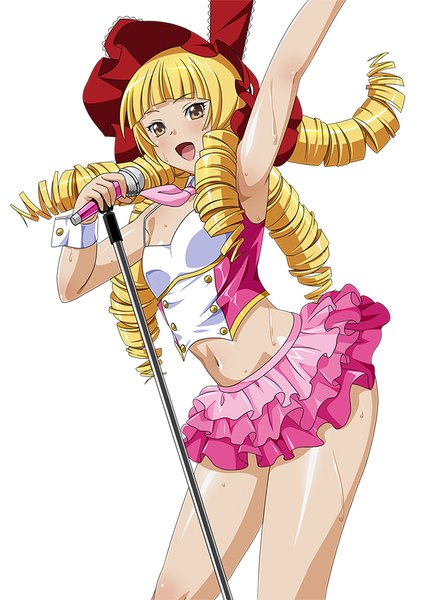 Anime picture 600x848 with ikkitousen minamoto kurou yoshitsune single long hair tall image blush open mouth light erotic blonde hair white background brown eyes drill hair girl skirt navel miniskirt bonnet microphone stand