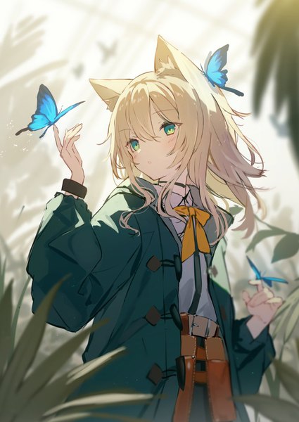 Anime picture 813x1149 with arknights podenco (arknights) sutorora single long hair tall image blush fringe blonde hair hair between eyes green eyes animal ears looking away upper body turning head dog ears butterfly on hand girl choker bowtie