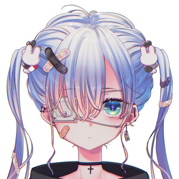 Anime picture 1500x1500 with original tendosora single long hair looking at viewer blush fringe simple background hair between eyes white background twintails payot blue hair upper body aqua eyes piercing symbol-shaped pupils ear piercing expressionless bandaid on face