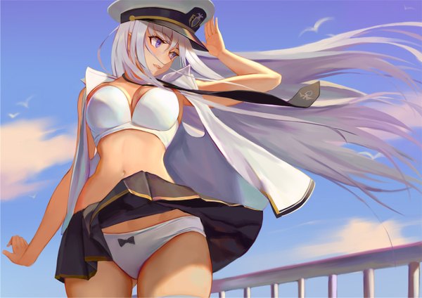 Anime picture 1386x980 with azur lane enterprise (azur lane) kamikakushi no ocarino single long hair blush fringe breasts open mouth blue eyes light erotic hair between eyes standing bare shoulders looking away sky cleavage silver hair cloud (clouds) outdoors