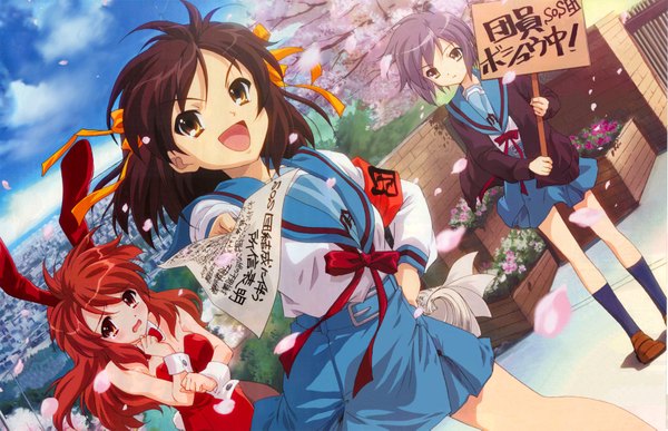 Anime picture 1800x1163 with suzumiya haruhi no yuutsu kyoto animation suzumiya haruhi nagato yuki asahina mikuru highres bunny girl girl petals
