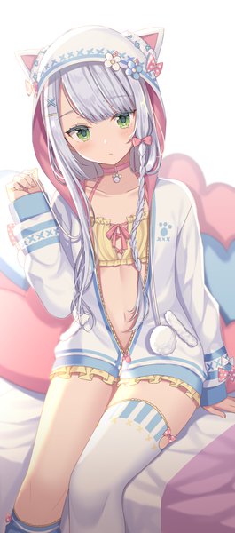 Anime picture 1438x3251 with original izumo neru single long hair tall image looking at viewer blush light erotic simple background green eyes silver hair braid (braids) nail polish head tilt open jacket side braid polka dot holding hair paw print animal hood