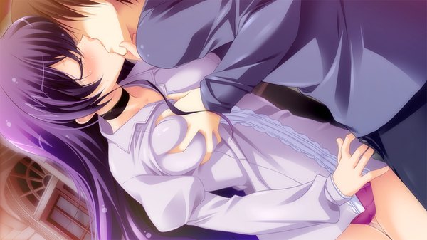 Anime picture 1280x720 with master re:master (game) long hair light erotic wide image game cg purple hair eyes closed breast grab kiss girl boy underwear panties shirt