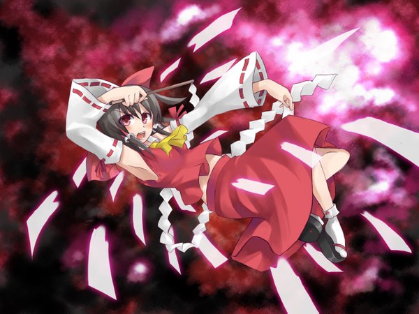 Anime picture 1280x960 with touhou hakurei reimu japanese clothes miko girl skirt ribbon (ribbons) skirt set gohei yuuta (tokoton hirune hiyori)