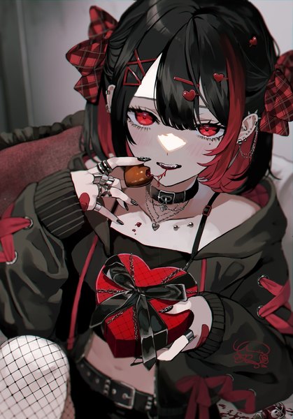 Anime picture 1500x2148 with original yumeno yume single tall image looking at viewer blush fringe open mouth black hair hair between eyes red eyes sitting holding red hair indoors long sleeves nail polish multicolored hair fingernails blurry