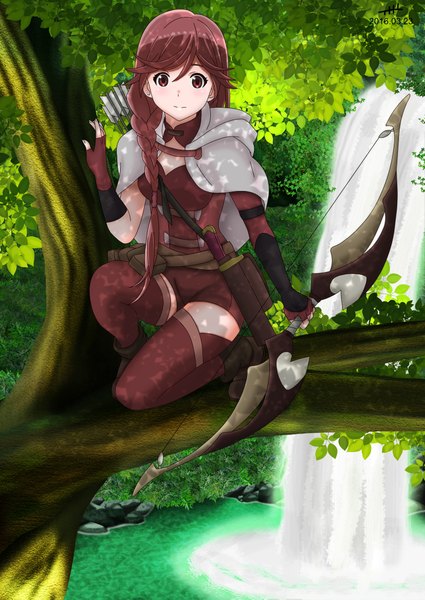 Anime picture 1500x2117 with hai to gensou no grimgar a-1 pictures yume (grimgar) nihility (artist) single long hair tall image looking at viewer red eyes red hair braid (braids) girl thighhighs gloves weapon plant (plants) tree (trees) fingerless gloves bow (weapon)