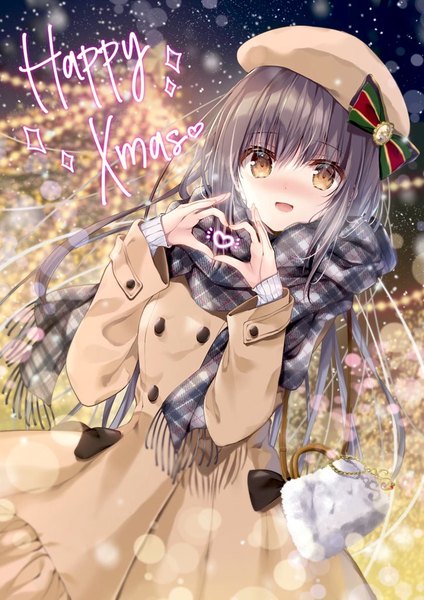 Anime picture 724x1024 with original tanihara natsuki single long hair tall image looking at viewer blush fringe open mouth black hair hair between eyes brown eyes outdoors :d christmas merry christmas heart hands girl scarf bag