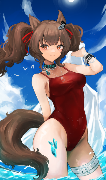 Anime picture 2488x4232 with arknights angelina (arknights) angelina (summer flowers) (arknights) jun (jun0000000000) single long hair tall image looking at viewer fringe highres breasts light erotic brown hair standing twintails holding animal ears sky cloud (clouds) outdoors