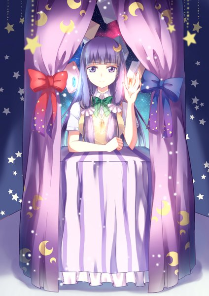 Anime picture 2480x3507 with love live! school idol project touhou sunrise (studio) love live! patchouli knowledge gogatsu fukuin single long hair tall image looking at viewer fringe highres purple eyes purple hair toujou nozomi (cosplay) girl uniform hair ornament bow school uniform