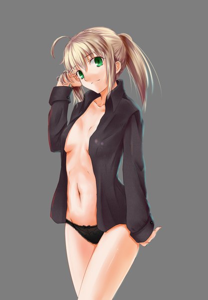 Anime picture 820x1180 with fate (series) fate/stay night artoria pendragon (all) saber aiovia single tall image looking at viewer fringe short hair light erotic blonde hair simple background hair between eyes standing green eyes ahoge ponytail head tilt grey background